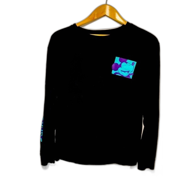 Disney Mickey Mouse Black Turquoise Purple Graphic Crewneck LS T-shirt Adult L - Picture 1 of 10